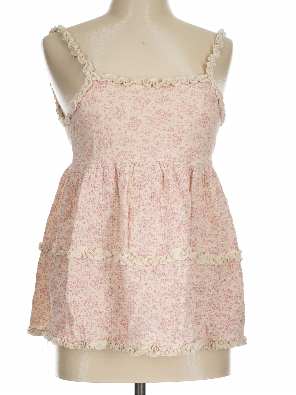 New: POL Boho Pink Floral Ruffle Trim Tiered Tie Back Babydoll Tank Top• Medium